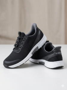 Pair of black athletic sneakers with white soles resting on a light surface, Orthofeet branding visible on the heel
