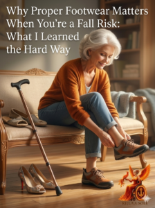 Older woman sits on a sofa tying brown sneakers, cane leaning nearby, with high heels on the floor, article about footwear and fall risk.