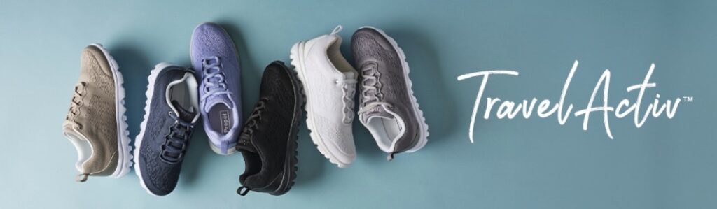 banner showing a variety of Propét TravelActiv women's slip-on medical sneakers in colors like tan, navy, purple, black, and white.