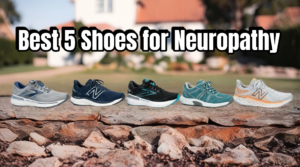 Five competing running shoes lined up on a rocky ledge with a blurred suburban background and a bold banner reading 'Best 5 Shoes for Neuropathy'