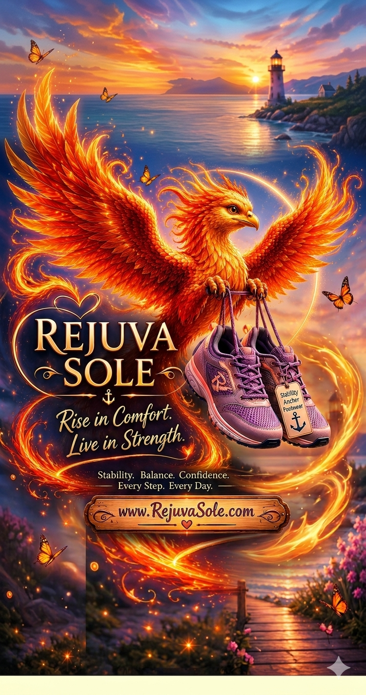 3790 - Rejuva Sole™ Fiery phoenix lifting purple athletic shoes over a sunset coastal scene promoting Rejuva Sole.