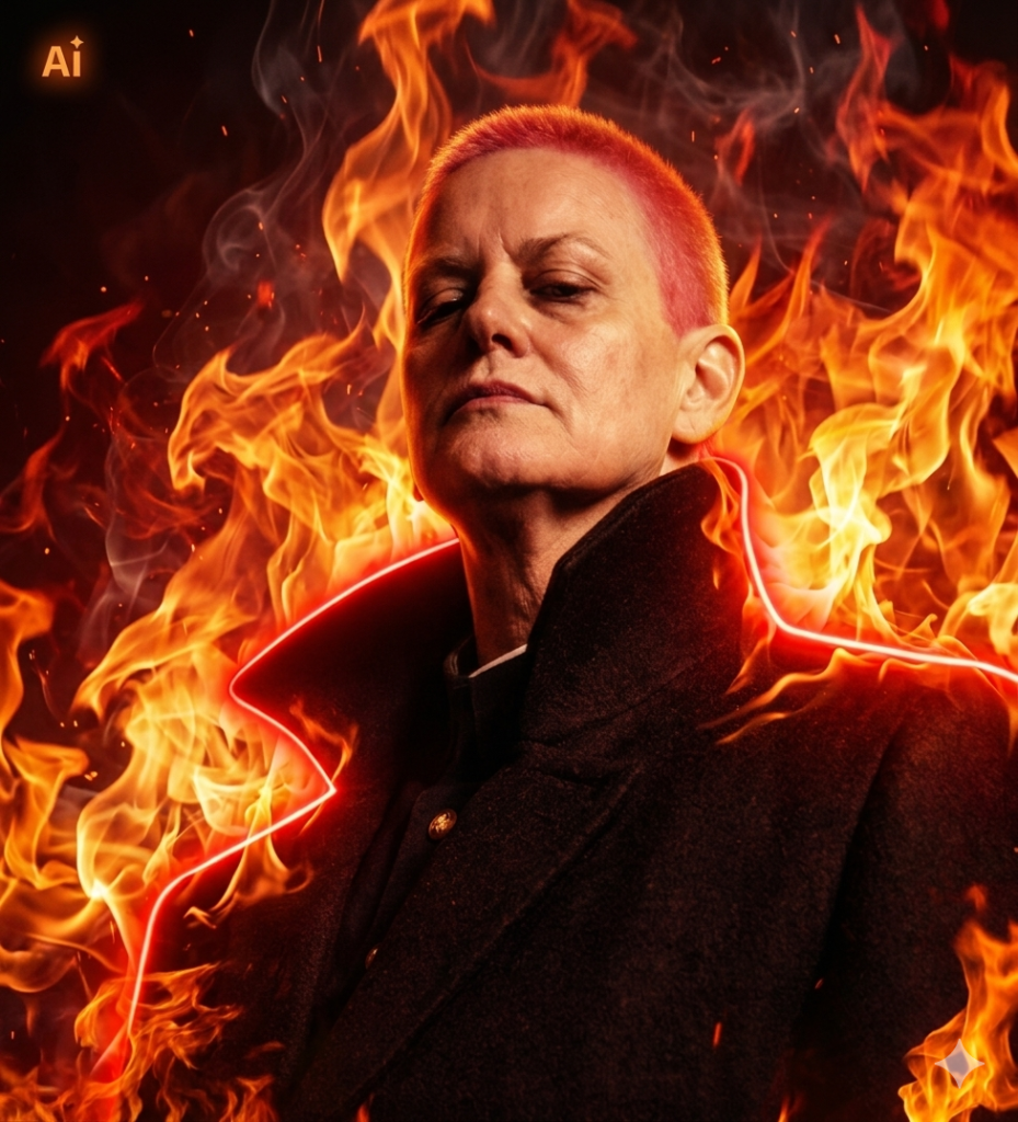Portrait of a stern-looking person in a dark coat with a glowing red trim, surrounded by intense flames.