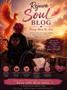 Woman in a wheelchair facing a warm sunset with a phoenix and the Rejuva Soul Blog title, conveying resilience and hope.