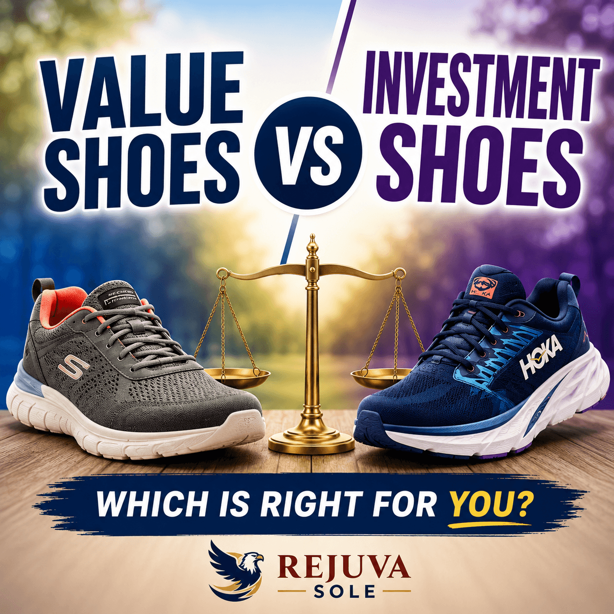 file_00000000a7b071fb8fd4394e0cabfebf - Rejuva Sole™ Comparison graphic: 'Value Shoes' vs 'Investment Shoes' with a gold balance scale and two running shoes; text 'Which is right for you?' present; Rejuva Sole branding beneath.