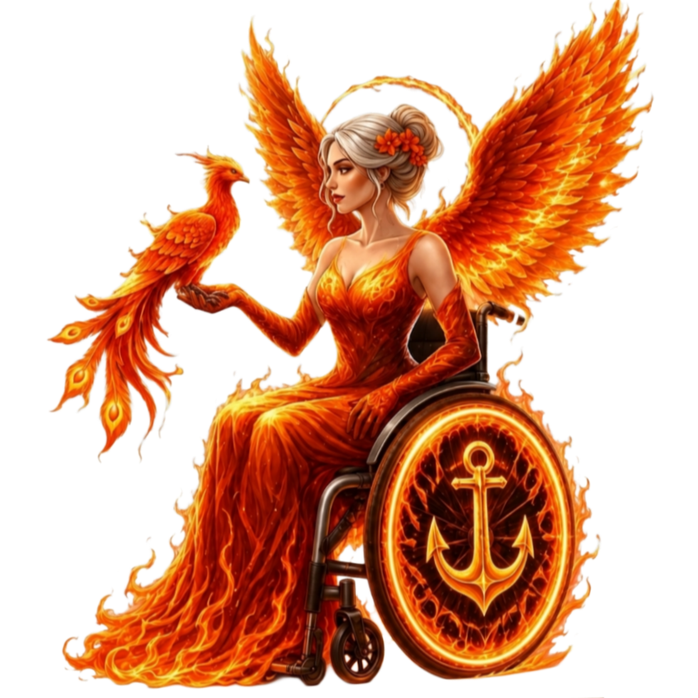 4494 - Rejuva Sole™ Fiery-winged woman in a glowing orange gown seated in a wheelchair, with a flaming bird perched on her hand.