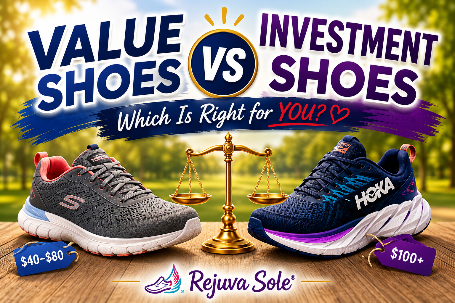 Advertisement comparing value shoes vs investment shoes with a gold balance scale and two running shoes on a wooden surface, slogan 'Which Is Right for You?' visible.