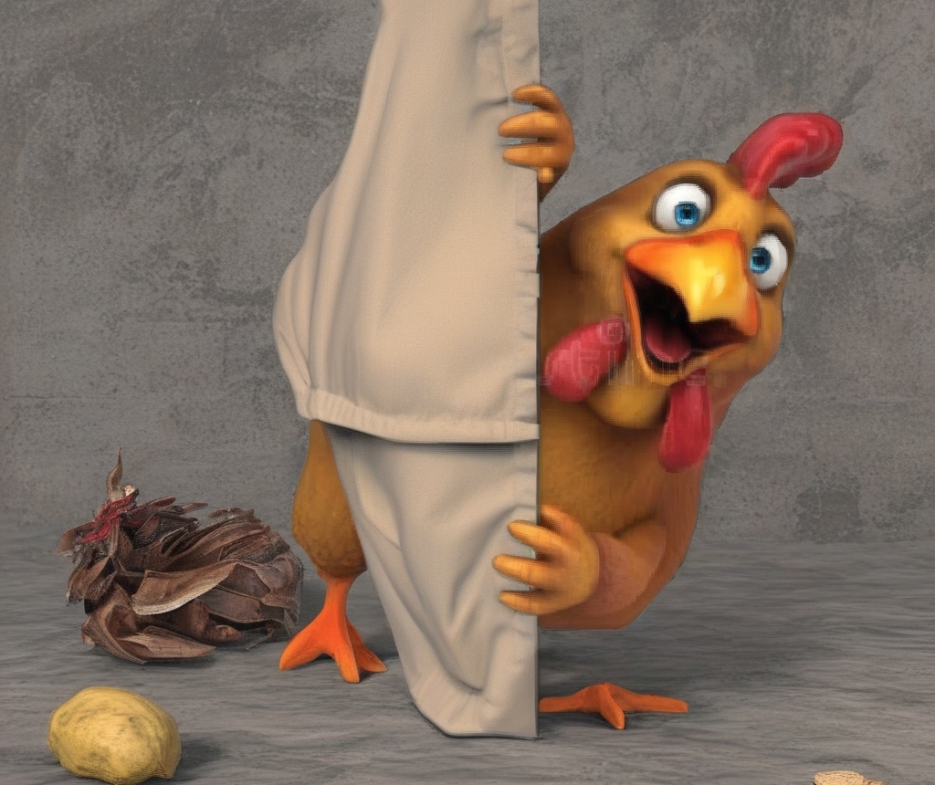 Cartoon turkey peeking from behind a door with a surprised expression, surrounded by a nest and potato on a gray floor.