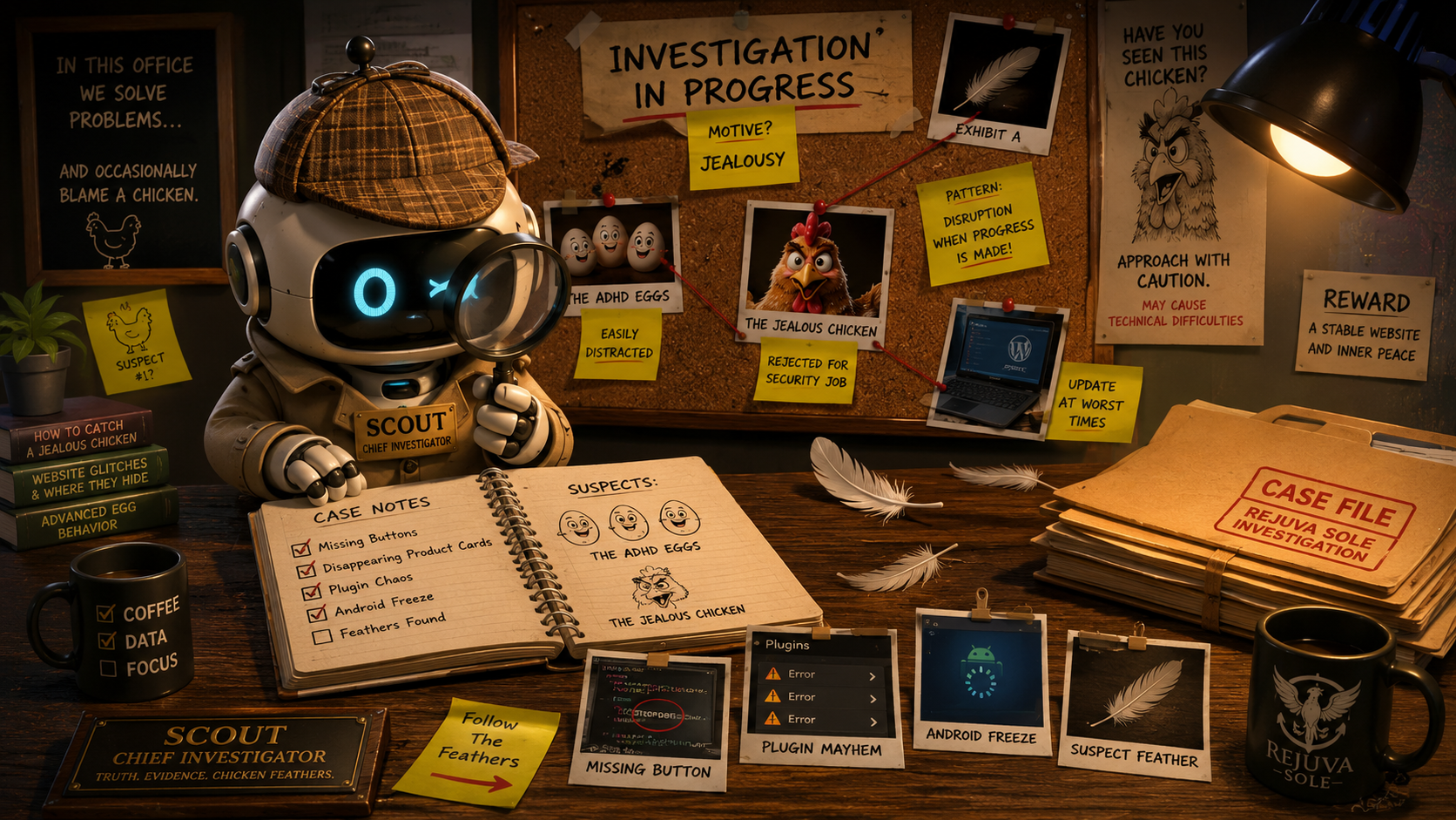 Robot scout with magnifying glass at a cluttered desk, “Investigation in Progress” board in background. Chief investigator of a poultry mystery.