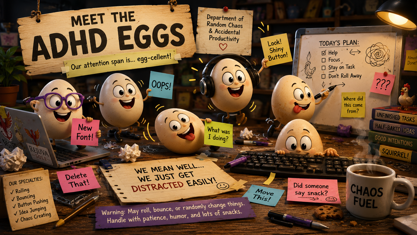 Cartoon eggs with googly eyes and headphones in a chaotic desk scene, signs and sticky notes about ADHD eggs and productivity.