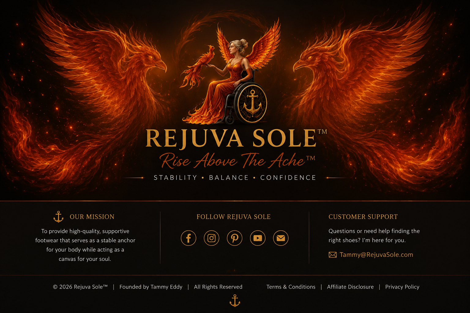 Brand hero: a woman in an orange dress seated in a wheelchair, surrounded by fiery orange phoenix wings and dark background, with the text 'REJuva SOLE' and 'Rise Above The Ache' below.