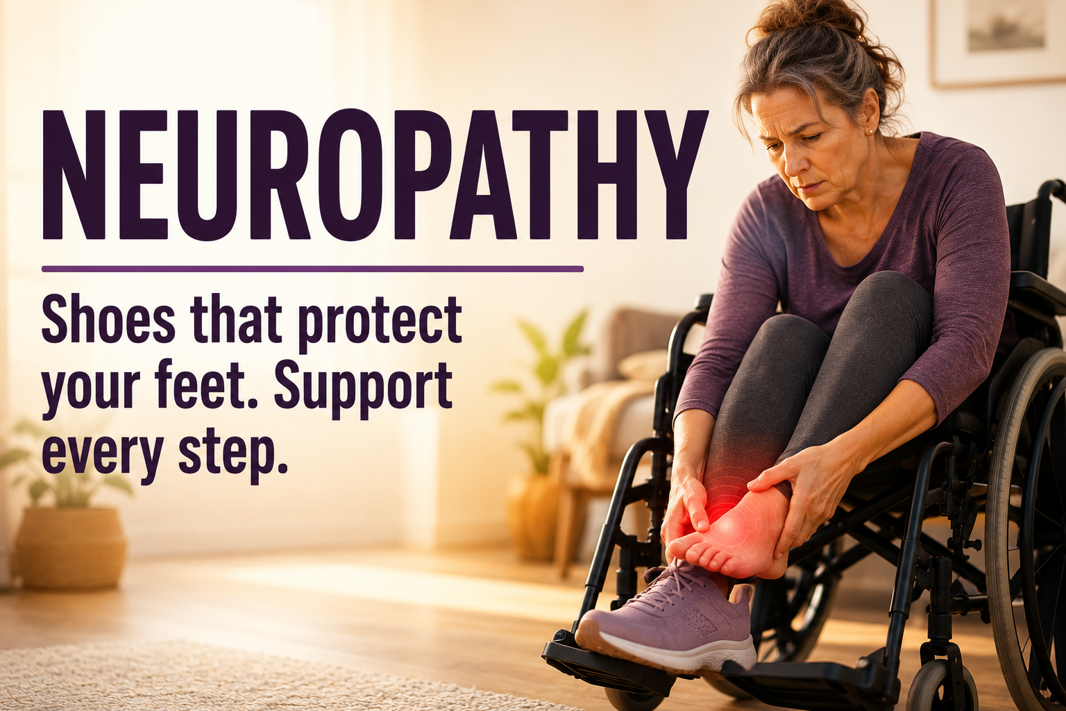 5649 - Rejuva Sole™ Wheelchair user sitting indoors holds her foot in pain, with a red glow on the sole to indicate neuropathy discomfort and need for protective footwear.