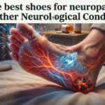 Foot with glowing nerves and crystals illustrating neuropathy relief, with medicine bottles on a bedside table nearby