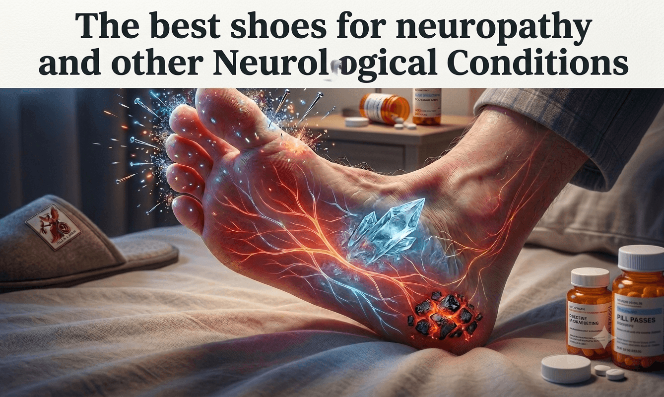 5656 - Rejuva Sole™ Foot with glowing nerves and crystals illustrating neuropathy relief, with medicine bottles on a bedside table nearby