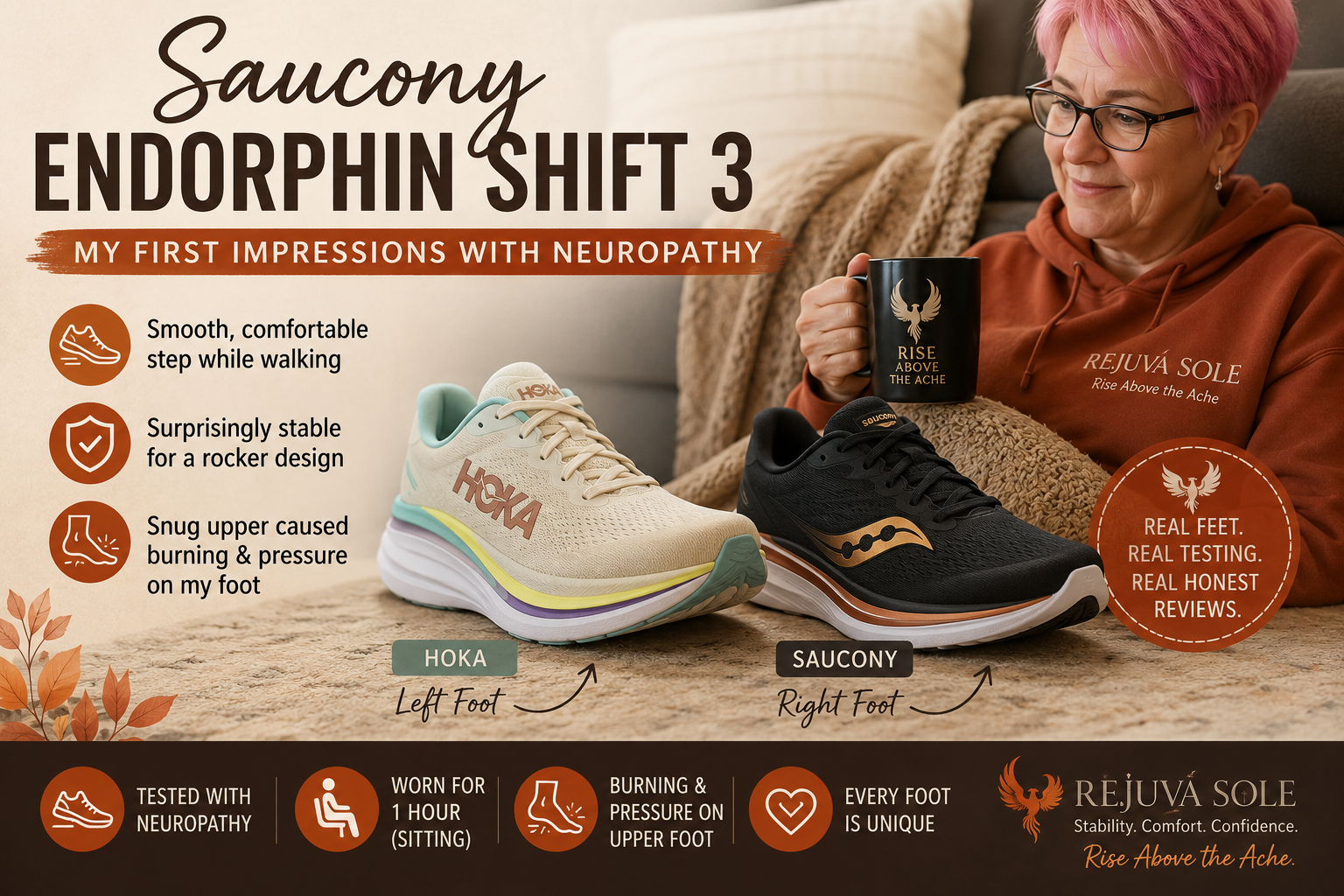 5738 - Rejuva Sole™ Promotional banner for Saucony Endorphin Shift 3 with two shoes, feature bullets, and a person holding a mug.