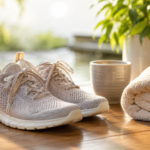 Beige knit sneakers on a wooden deck beside a rolled towel, plant, and cup in a sunny outdoor setting.