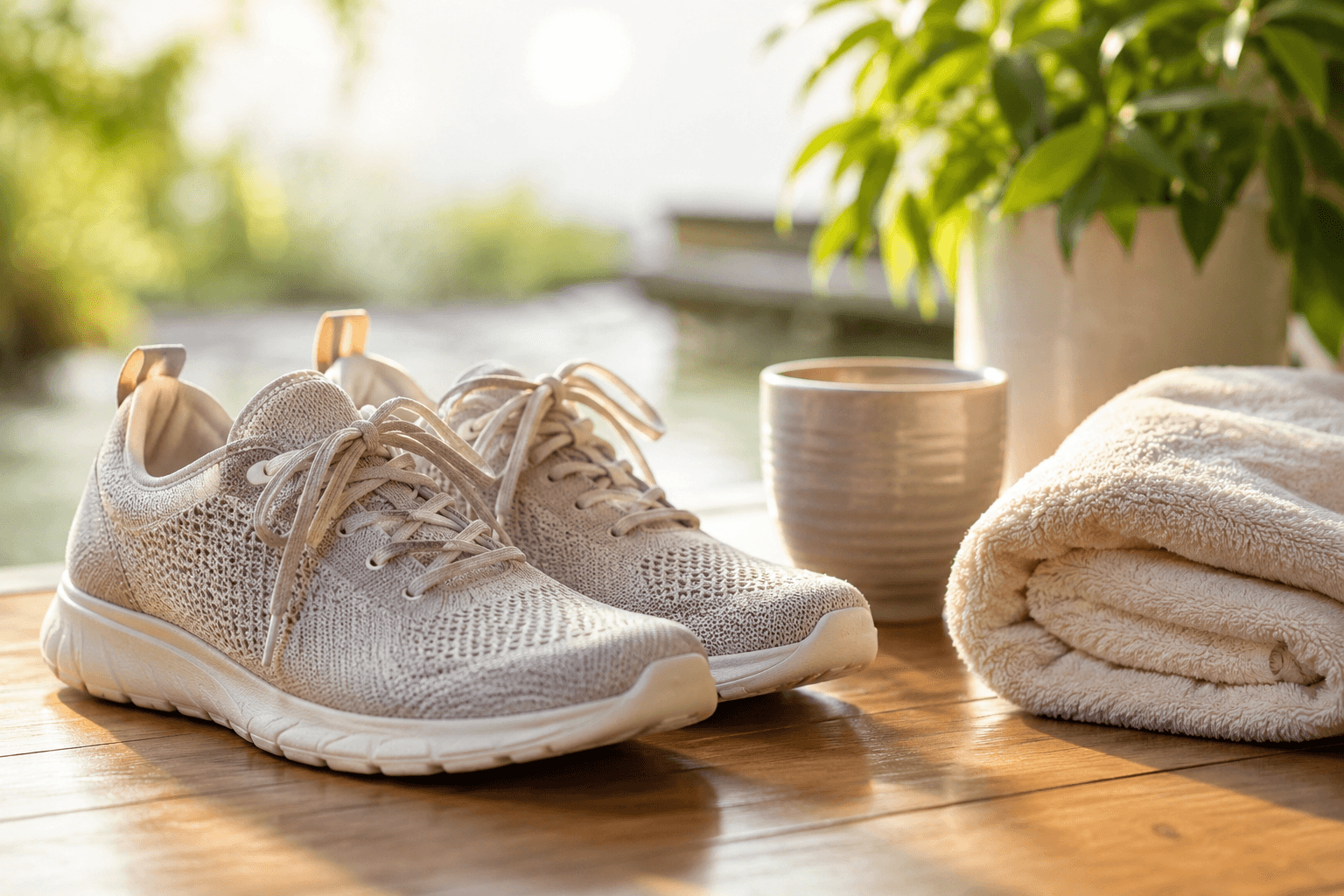 5766 - Rejuva Sole™ Beige knit sneakers on a wooden deck beside a rolled towel, plant, and cup in a sunny outdoor setting.