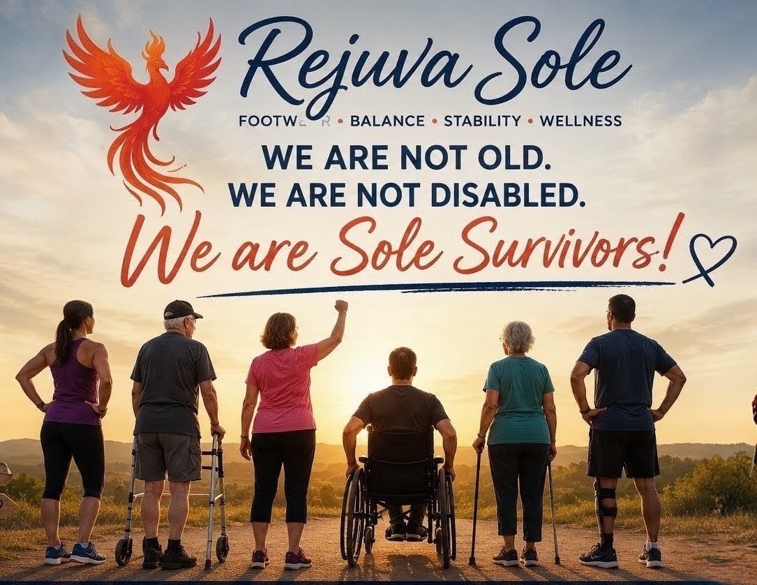 Group of diverse seniors on a hill at sunset, one in a wheelchair, facing away toward a banner that says 'We are Sole Survivors!'