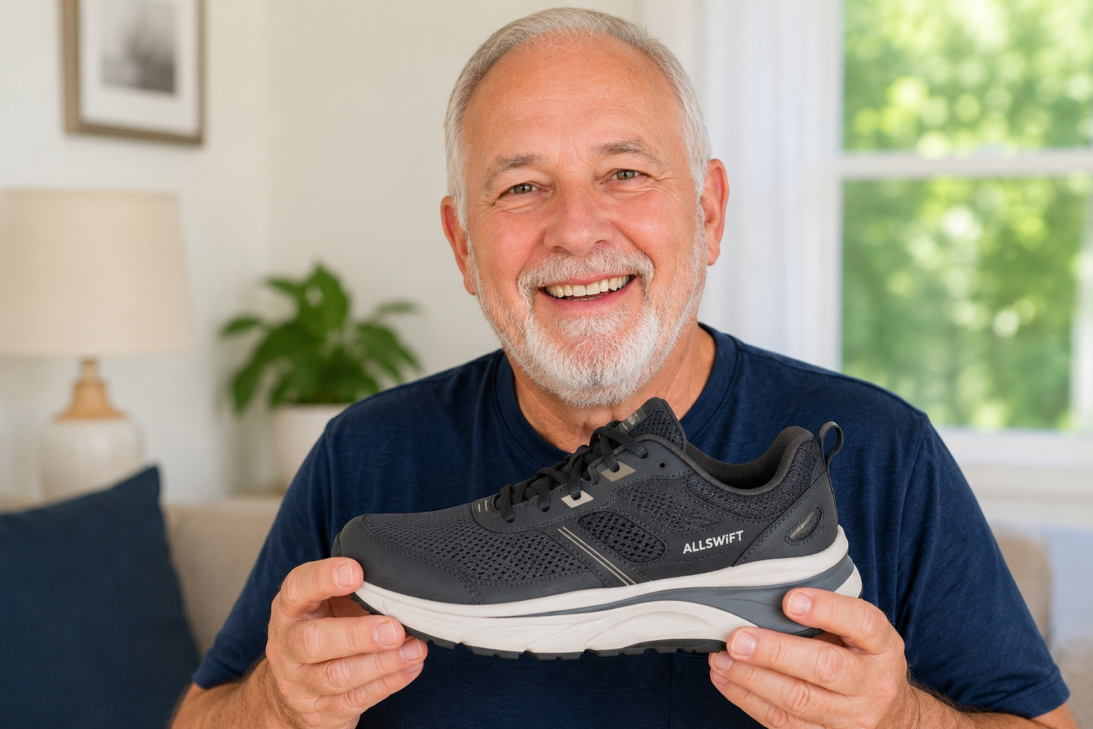 5799 - Rejuva Sole™ Smiling older man holds a gray AllSwift running shoe toward the camera in a home setting.