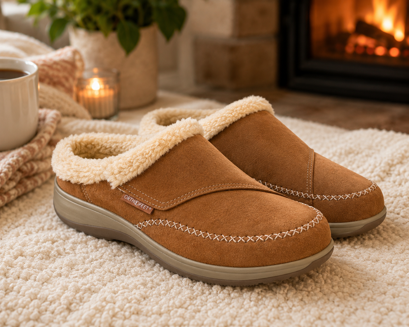 Brown suede slip-on slippers with cream faux-fur lining resting on a soft beige rug by a lit fireplace.
