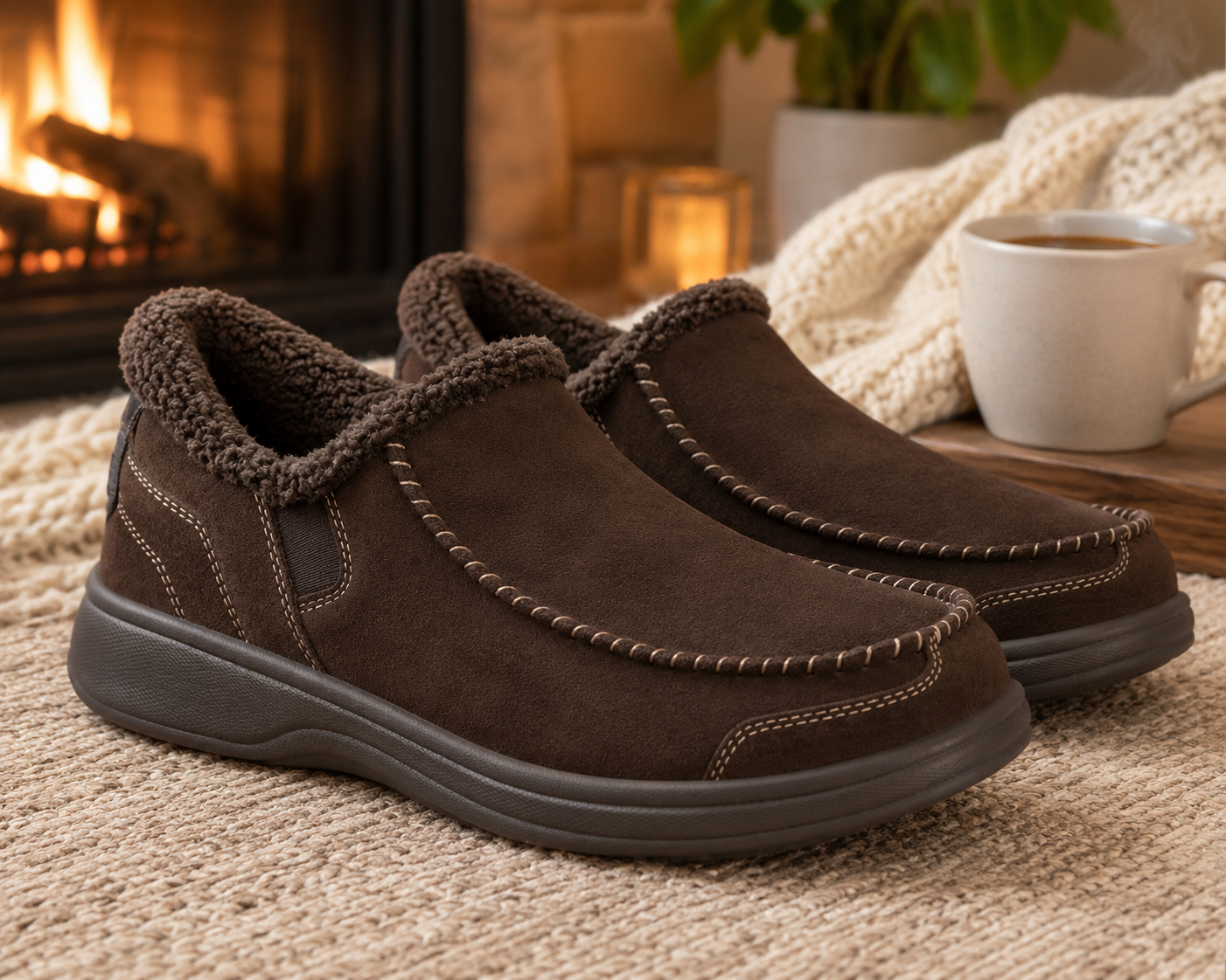5832 - Rejuva Sole™ Brown suede moccasin slippers with plush lining on a beige rug beside a lit fireplace.