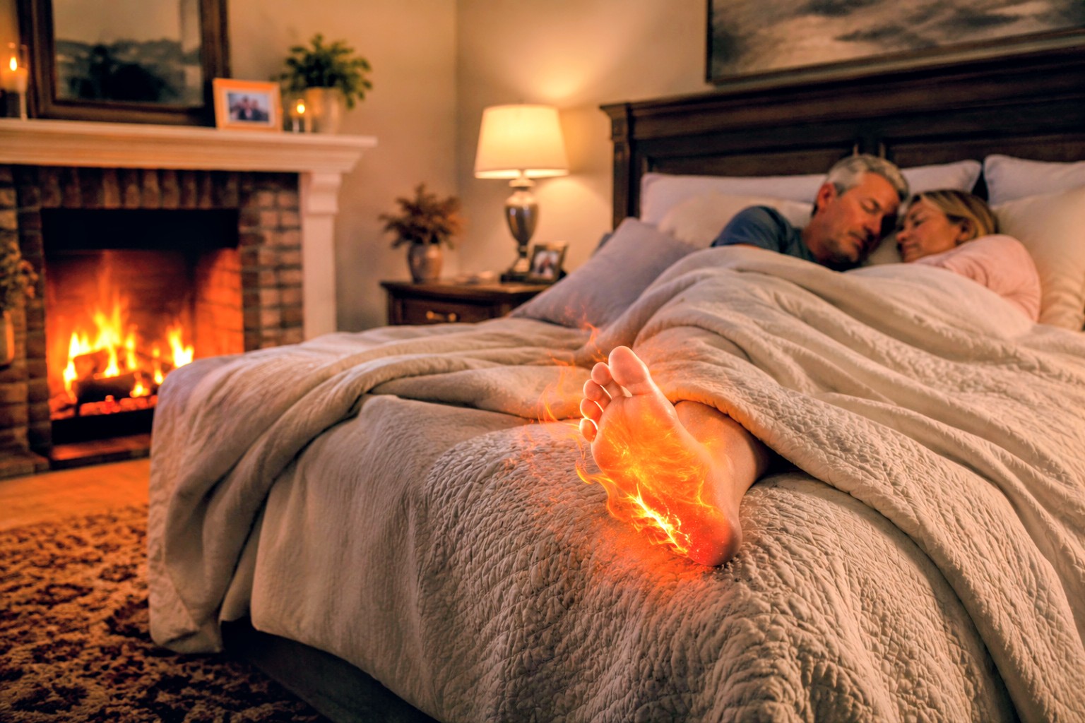 5861 - Rejuva Sole™ close up of sleeping persons foot under blanket with stylized glowing fiery texture on the sole, indicating neuropathy and severe foot pain. background features fireplace and a couple asleep on the bed
