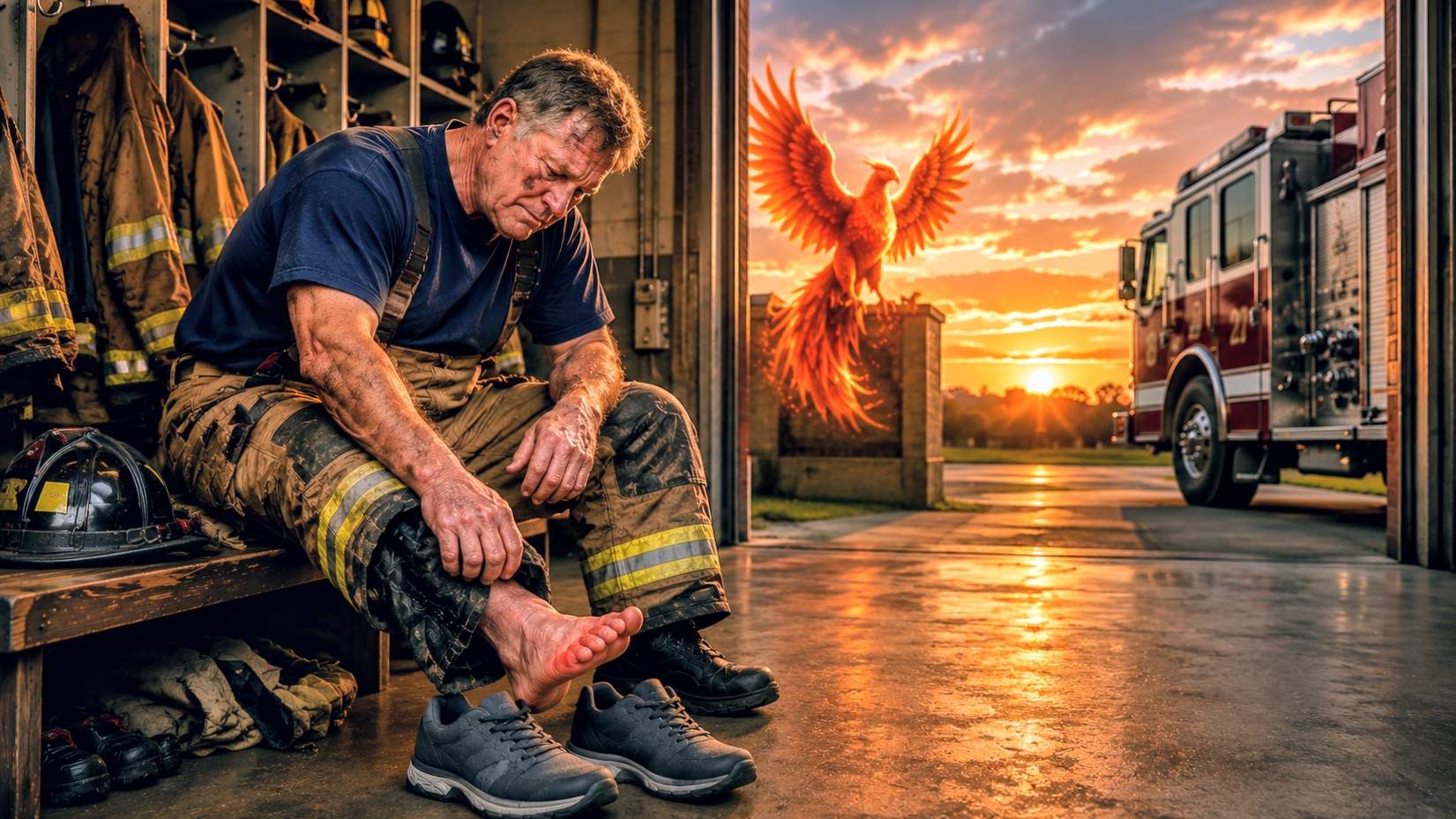 5862 - Rejuva Sole™ Firefighter sitting inside a station, removing his boot after gear-up, with a fire truck outside at sunset and a fiery phoenix in the sky nearby.