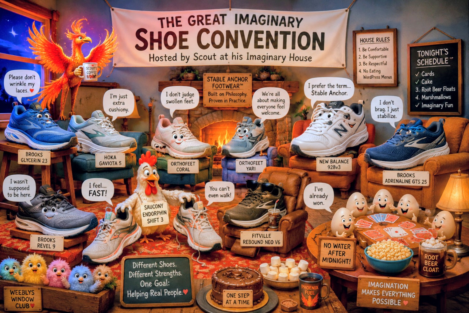 5943 - Rejuva Sole™ Whimsical shoe convention setup with colorful sneakers on chairs, a banner reading 'The Great Imaginary Shoe Convention,' and playful speech bubbles in a cozy room.