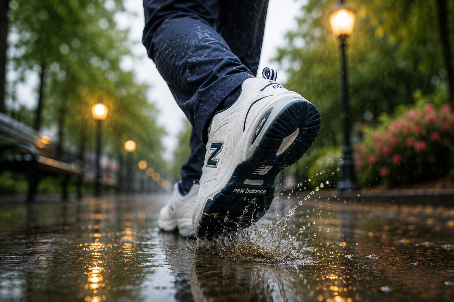 Close-up of a white New Balance running shoe splashing through a puddle on a rainy park path.