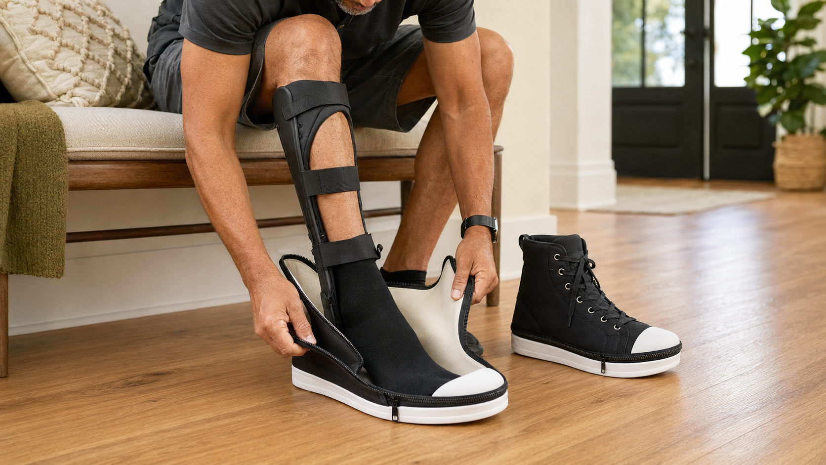 5987 - Rejuva Sole™ Person seated indoors with a leg immobilizer, sliding on a black boot while a second high-top sneaker sits nearby on the floor.