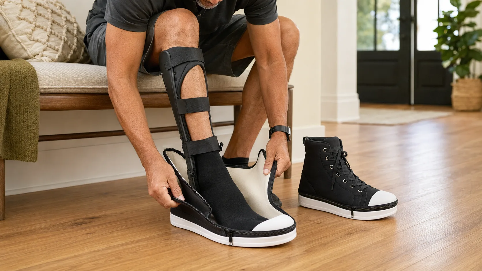 5987 - Rejuva Sole™ Person seated indoors with a leg immobilizer, sliding on a black boot while a second high-top sneaker sits nearby on the floor.