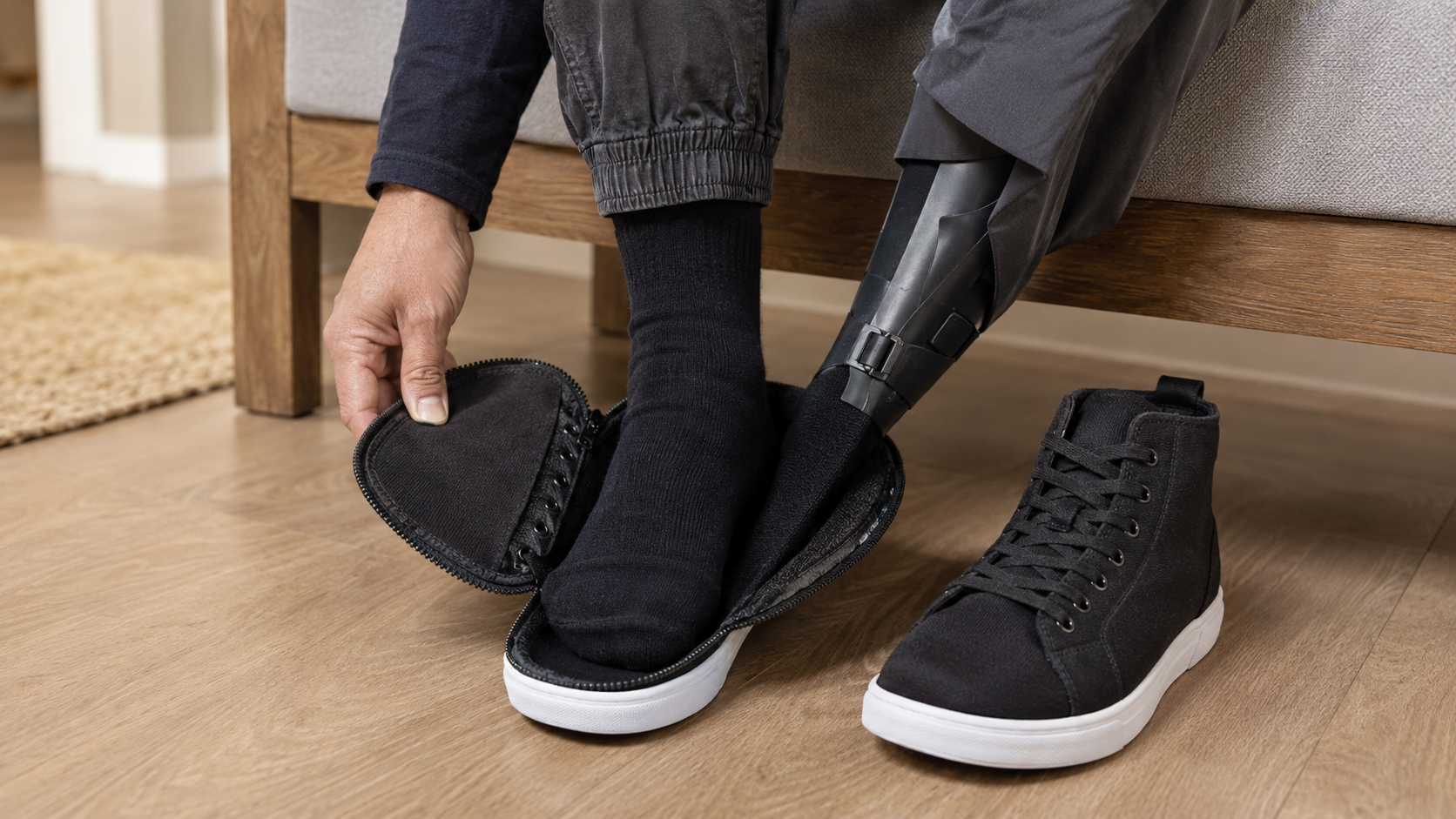 5988 - Rejuva Sole™ Person with a below-knee prosthetic sits on a bed, pulling on a black sock and a zippered shoe cover beside a black high-top sneaker.