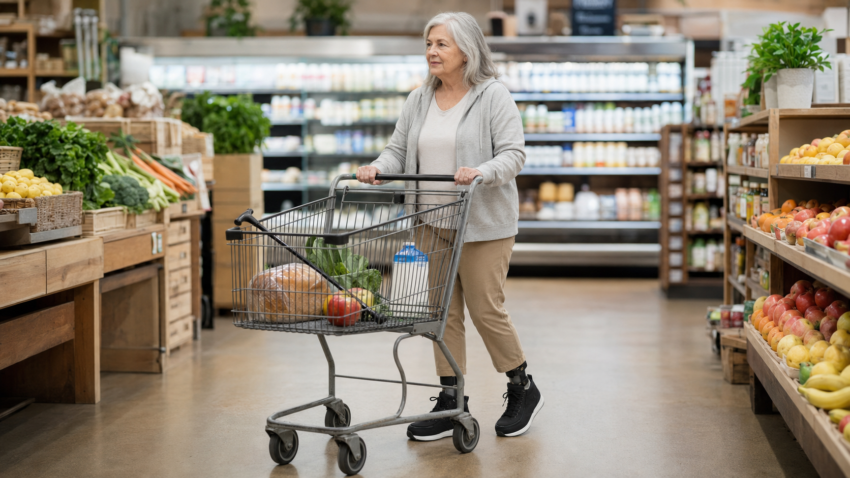 5990 - Rejuva Sole™ Older woman pushing a shopping cart through a grocery store, browsing fresh produce.