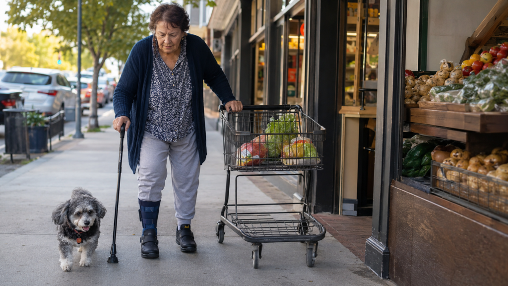 6029 - Rejuva Sole™ An older woman using a cane and wearing a medical walking boot on her leg while pushing a grocery cart on a city sidewalk, walking along side a small fluffy dog outside the market.