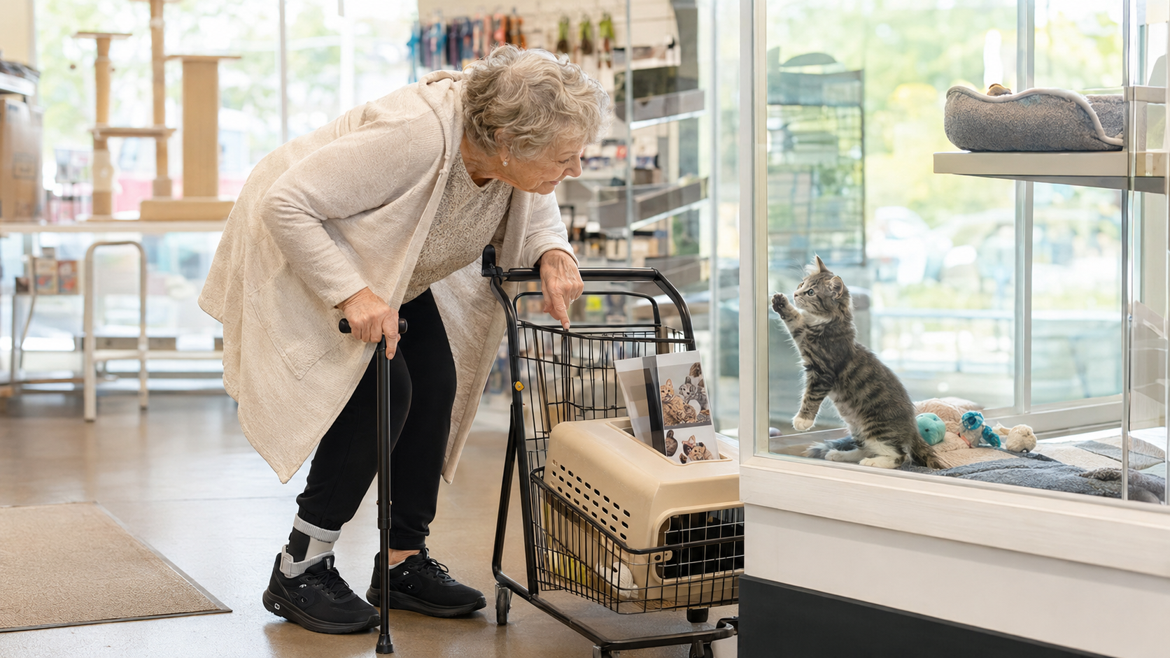 Elderly woman using a walker leans forward to look at a gray kitten inside a glass pet display.