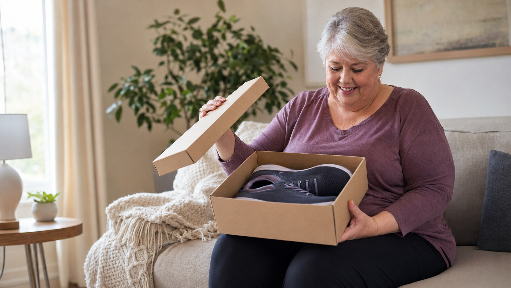 Older woman sits on a sofa, opening a shoebox containing a pair of sneakers with a smile on her face at home.