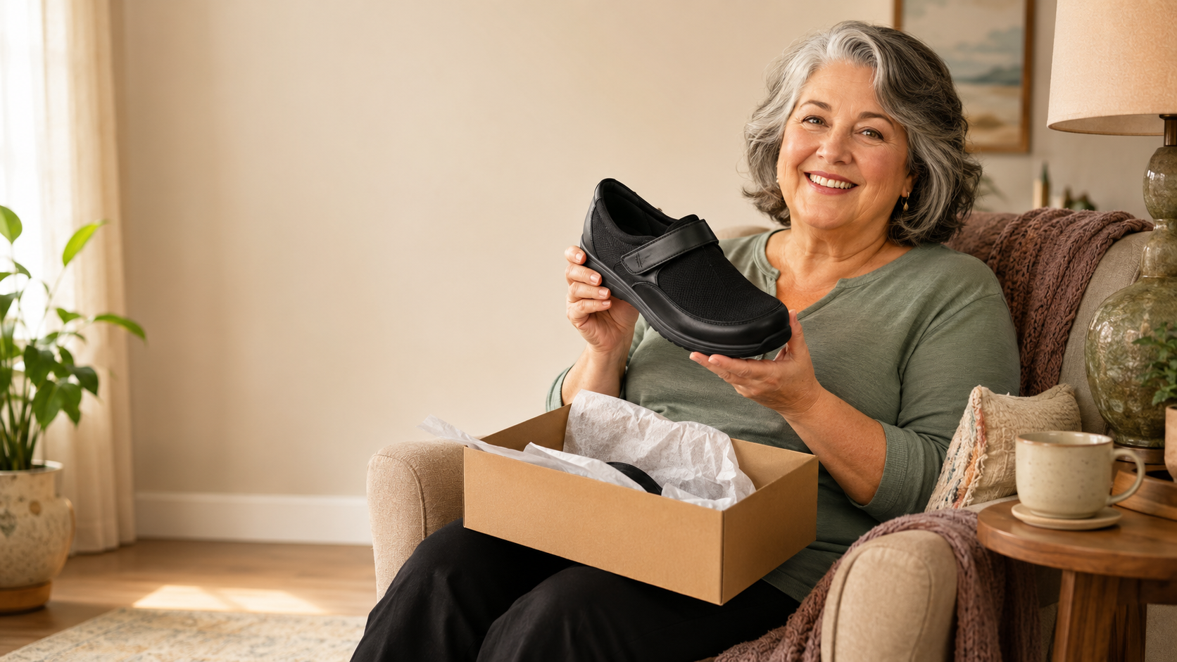6196 - Rejuva Sole™ Older woman in a green top shows a black shoe from an open shoebox at home.