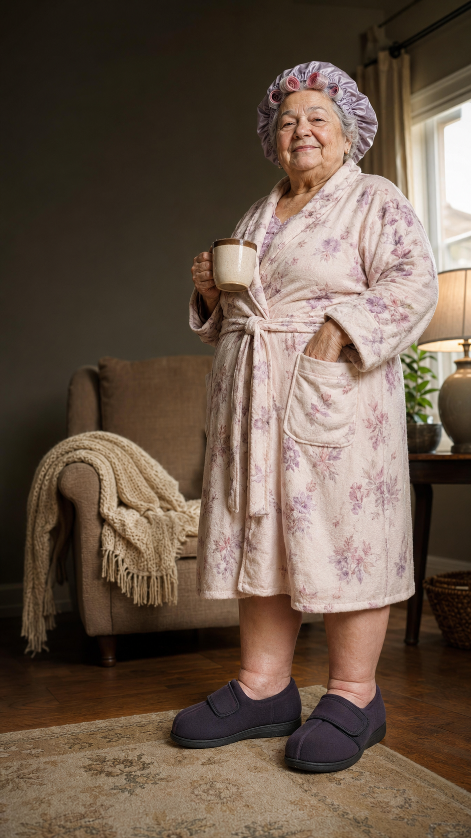 6201 - Rejuva Sole™ Older woman in a pink floral bathrobe with hair rollers, holding a mug indoors, standing by a sofa and window curtains.