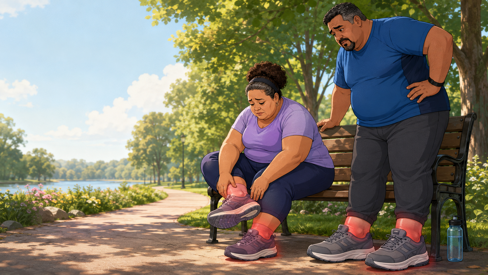 6204 - Rejuva Sole™ Woman sits on a park bench tying pink sneakers while a man in a blue shirt stands beside her, looking concerned as they rest by a sunny lakeside path.