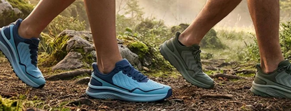 Close-up of runners' feet in blue and gray-green trail shoes stepping on a dirt forest path.
