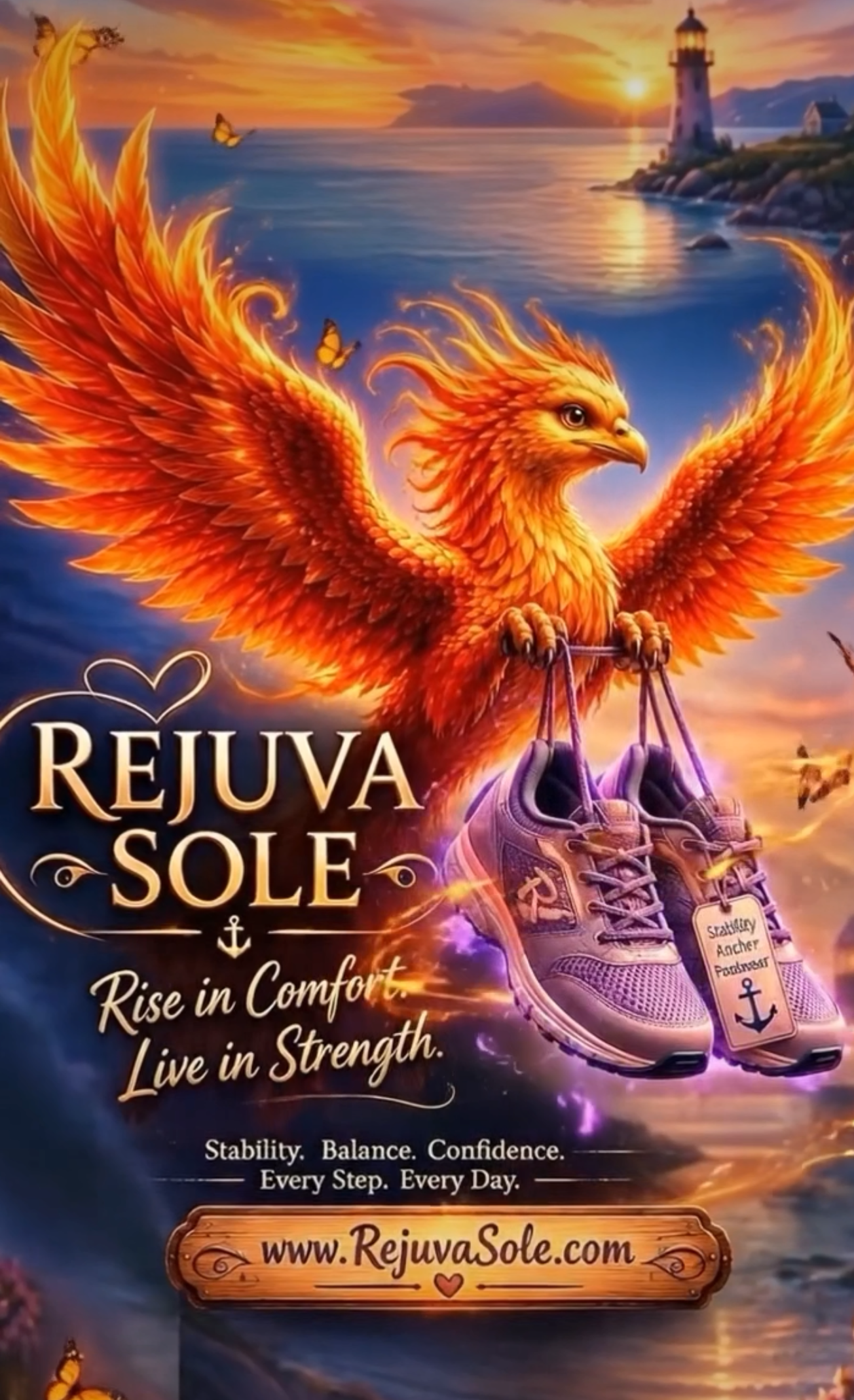 6342 - Rejuva Sole™ Fiery phoenix with outstretched wings holding sneakers at sunset over the water, lighthouse in the distance — the cover of Rejuva Sole.