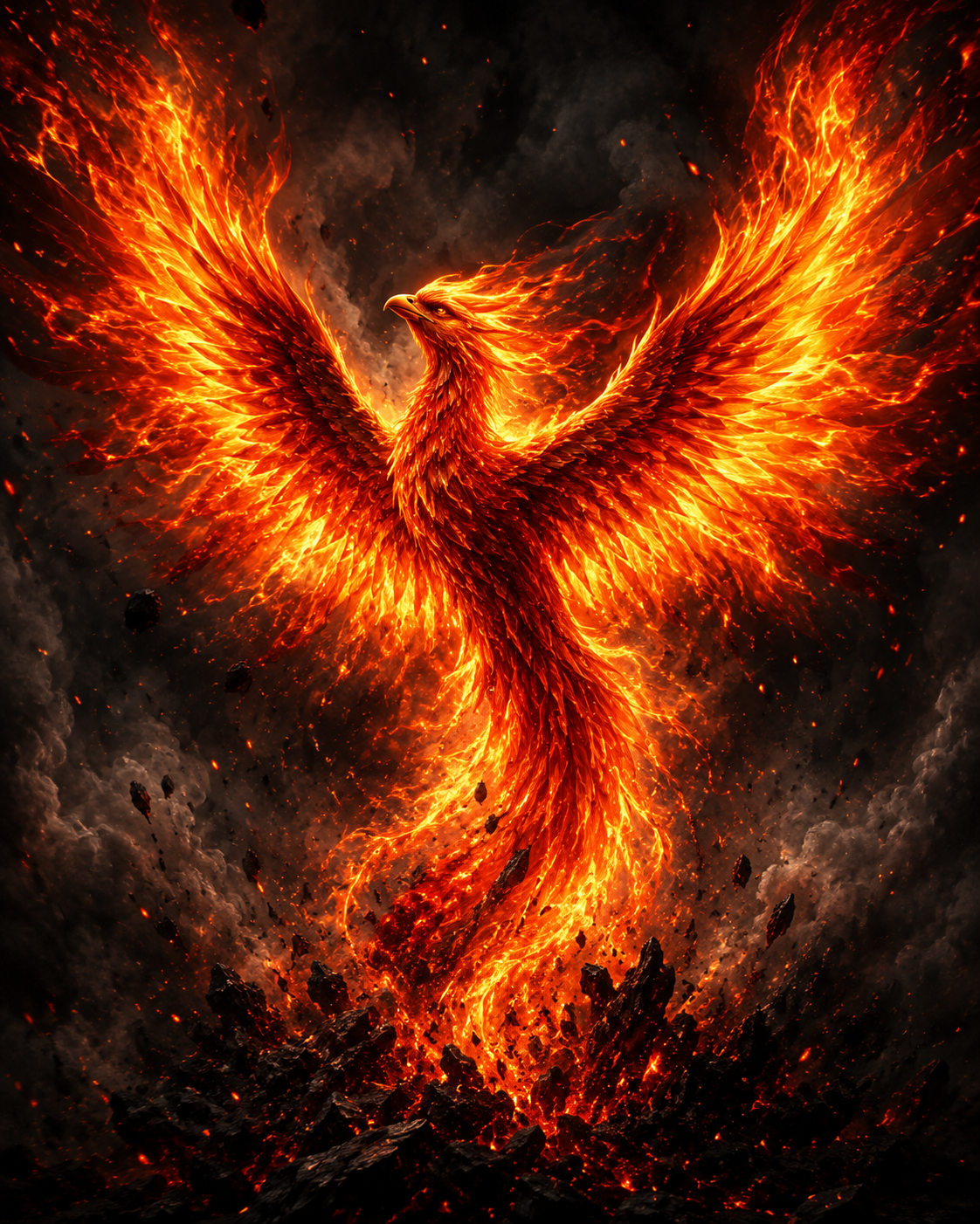 6343 - Rejuva Sole™ Fiery phoenix rising with wings spread wide, flames blazing against a smoky, lava-filled background.