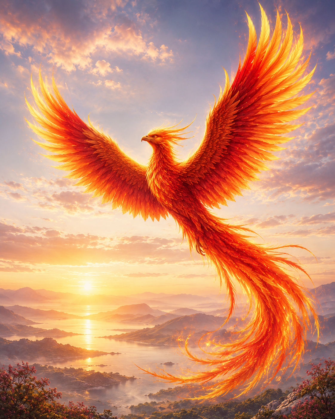 6344 - Rejuva Sole™ Fiery phoenix with blazing orange feathers soaring across a sunset sky above a rugged coastline and mountains.