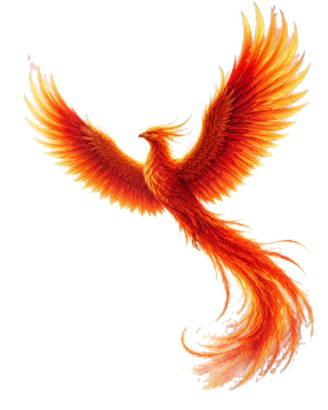 6368 - Rejuva Sole™ Fiery phoenix in flight with bright orange-red feathers and a long flowing tail