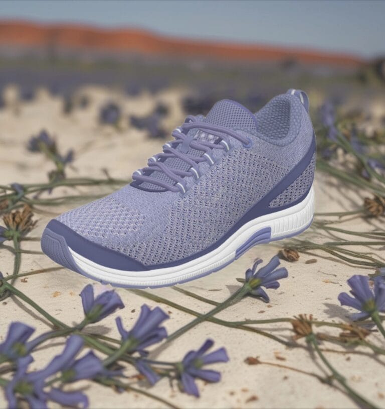Lavender running shoe on sandy ground with purple flowers in the foreground.