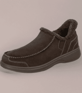 Bazaart_20260713_021808_584 - Rejuva Sole™ Brown suede slip-on boot with a plush shearling lining and prominent white stitching along the seams, on a dark sole.