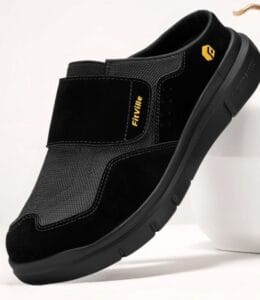 Bazaart_20260721_031954_771 - Rejuva Sole™ Black slip-on athletic shoe with velcro strap and textured upper; yellow 'FitVille' logo on side.