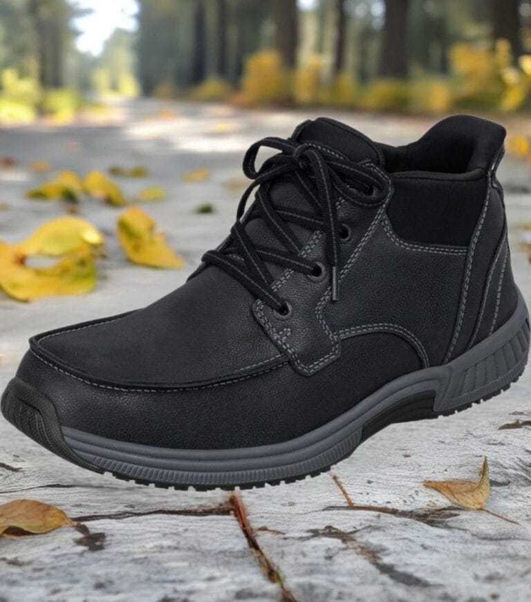 Black ankle-height hiking boot with laces on a stone path, autumn leaves in the background.