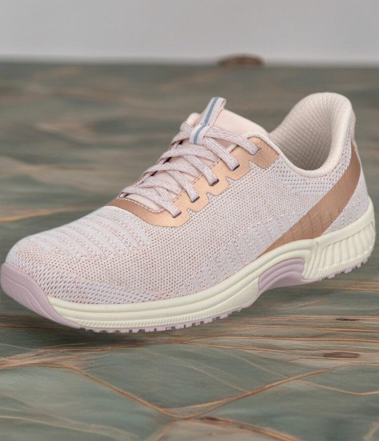 Light pink knit running shoe with pale pink laces and cream sole on a tiled floor.