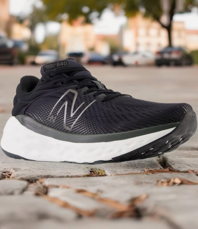 Black running shoe with a white midsole resting on a pavement; gray N-logo on the side and 'Fresh Foam 840' on the tongue.