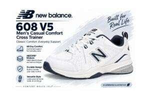 New Balance 608v5 Men (value shoe) - Rejuva Sole™ White New Balance 608 V5 men's cross-trainer shoe with navy accents and the 'Built for Real Life' slogan in the background